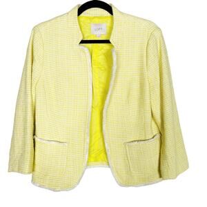 LOFT Medium M Yellow White Tweed Open Front Blazer Jacket Cotton Work Office